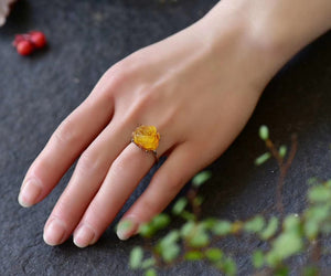 Natural Honey Wax Peony Flower Ring, s925 Sterling Silver Inlay, Size: 13.6 * 15.4mm2310059645