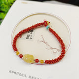 Natural South Red Honey Wax Corn Knot Woven Bracelet, paired with Natural Honey Wax Pixiu2410099315