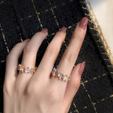 Sweet Flower Opening Adjustable Ring For Women Korean Trend Exquisite Jewelry Shiny Rhinestone Zircon Finger Ring Party Gift